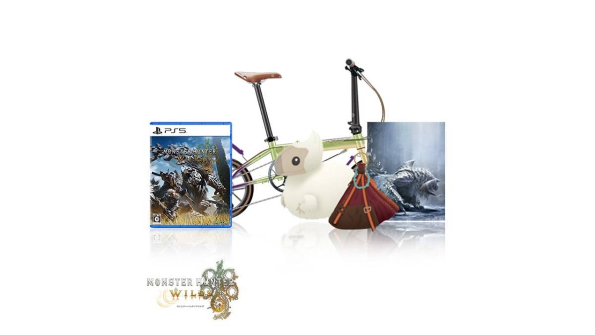 Monster Hunter Wilds Ultra Collector Edition พร้อมรูปภาพของเกมของเล่นปุยกระเป๋าอาวุธและจักรยานพับ