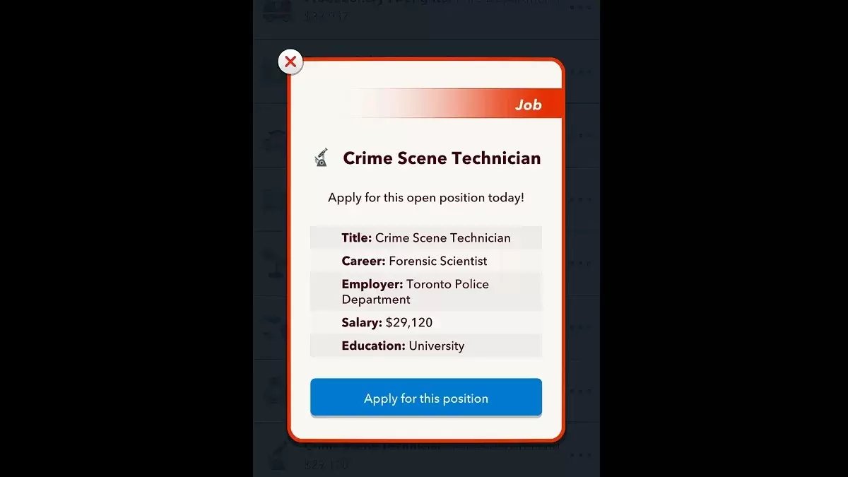 Job de technicien de scène de crime dans Bitlife