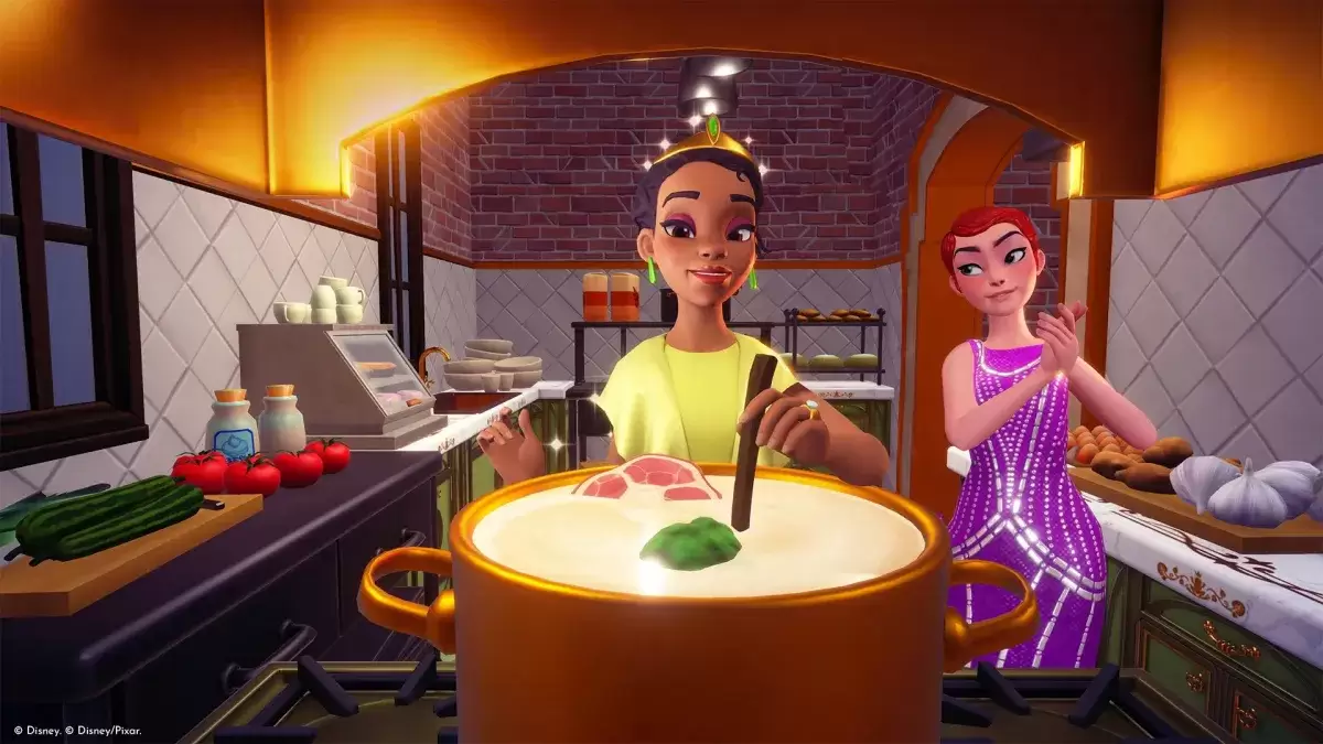 Princesa Tiana preparando um prato em Disney Dreamlight Valley