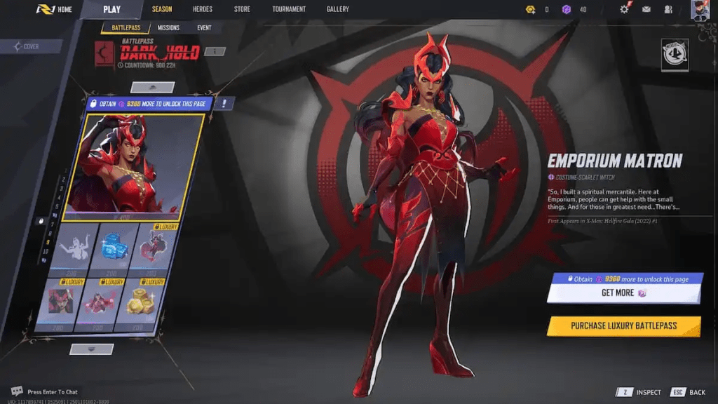 Scarlet Witch in her Emporium Matron skin in the selection menu