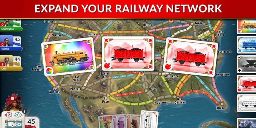 Map of continental US with railways behind cards with trains on them