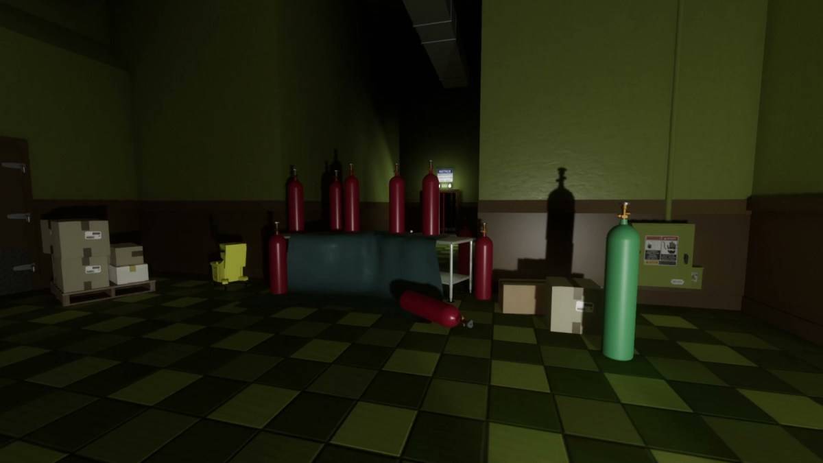 Superliminal - several tanks and bottles in a dimly lit room.