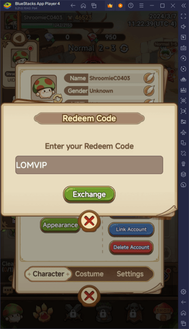 Legend of Mushroom - Redeem Code Interface