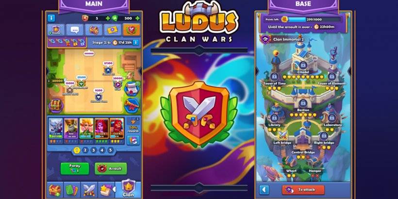 A screenshot of Ludus: Merge Arena showing off new Clan Wars mechanics in two separate phone screenshots