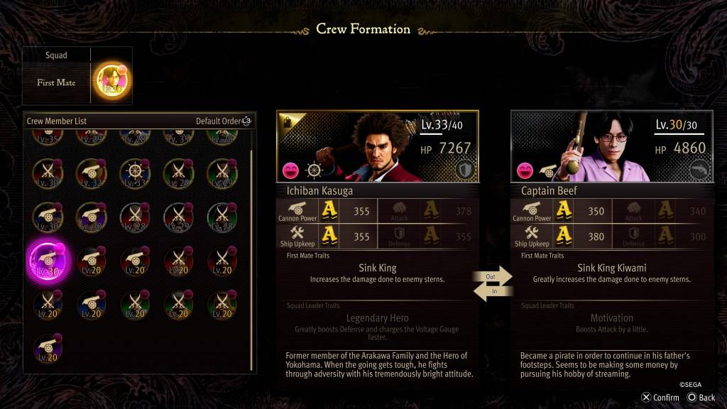 L'écran STAT de la formation de l'équipage pour Captain Beef dans comme un dragon: Pirate Yakuza à Hawaï