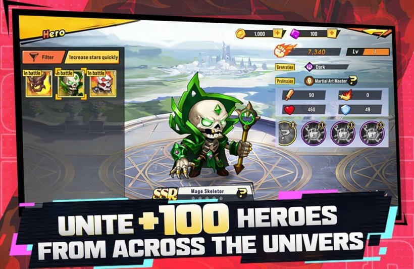 Heroes United游戏截图，显示一个骷髅法师被选中准备战斗