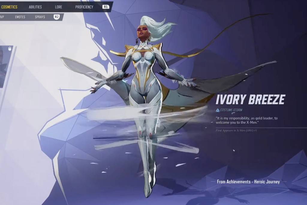 Storm in her Ivory Breeze skin on the selection menu as part of an article about free Marvel Rivals skins.