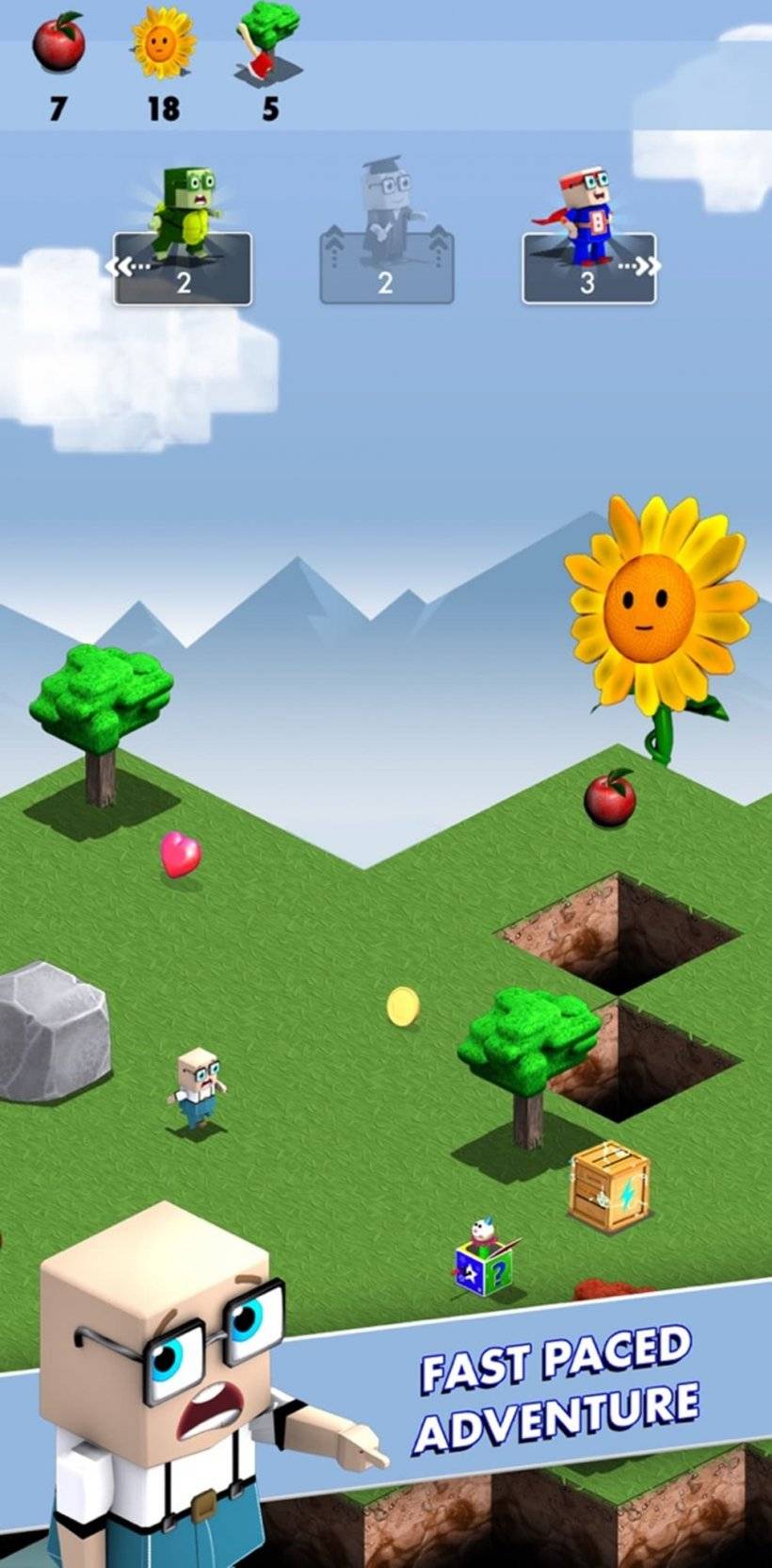 A screenshot of endless runner Mr Box with the titular bald, block-headed man running along an isometric grid dodging attackers